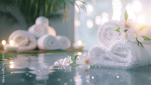 Wellness spa background featuring white towels and bath flowers  close up on luxury spa essentials  concept of relaxation  realistic  Manipulation  modern bathroom backdrop