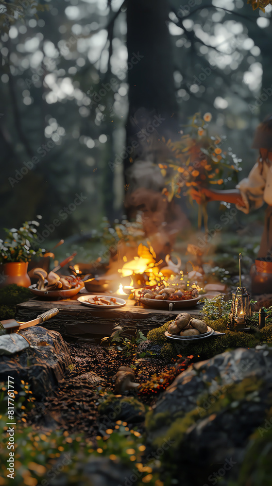 Illustrate a digital art piece merging culinary arts and wilderness camping Illustrate a digital art piece merging culinary arts and wilderness camping