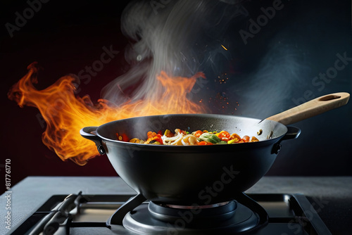 Freeze motion of a wok pan with flying ingredients and fire flames. Perfect for dynamic cooking, culinary arts 