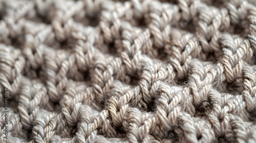 beige knitted fabric. Close-up of a beige knitted fabric showcasing its intricate and soft texture..