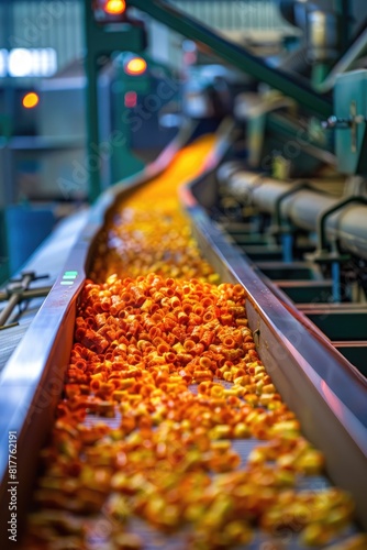 conveyor belt with snacks. selective focus