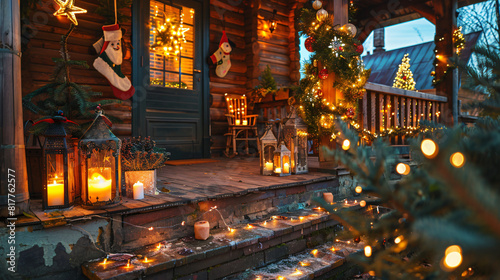 Porch of house with beautiful Christmas decor