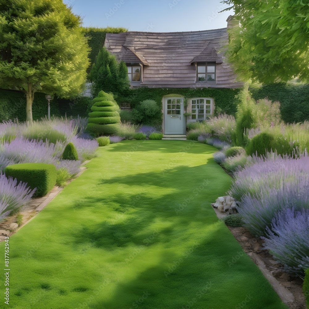 Obraz premium Tranquil English Cottage Garden: A Backyard Retreat