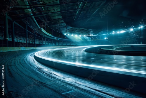 A legendary velodrome transformed into a luminous circuit of light, where virtual races happen in silence, artfully crafted with ample copy space