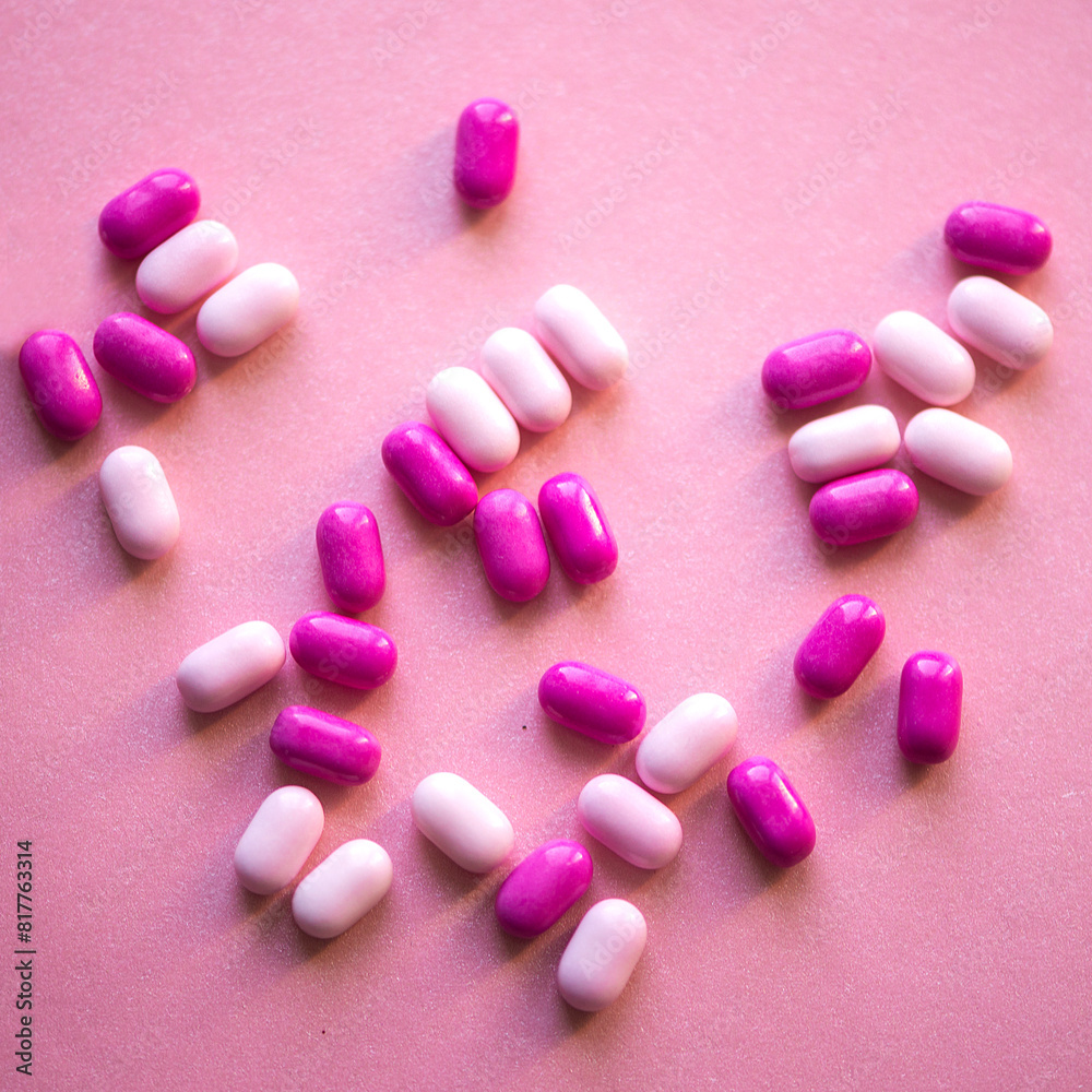 Pile of pink and white drugs in the shape of a heart on a pink background Pile of pink and white drugs in the shape of a heart on a pink background