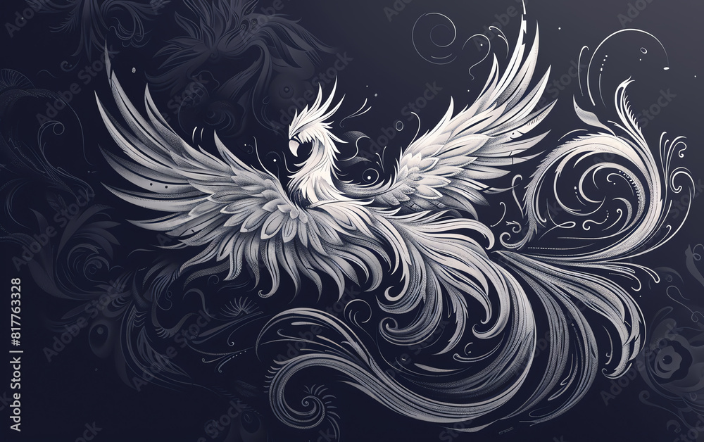 Create a high-angle view minimalist design featuring a majestic phoenix, rendered in sleek, monochromatic linework, exuding ethereal grace and power Create a high-angle view minimalist design featuring a majestic phoenix, rendered in sleek, monochromatic linework, exuding ethereal grace and power