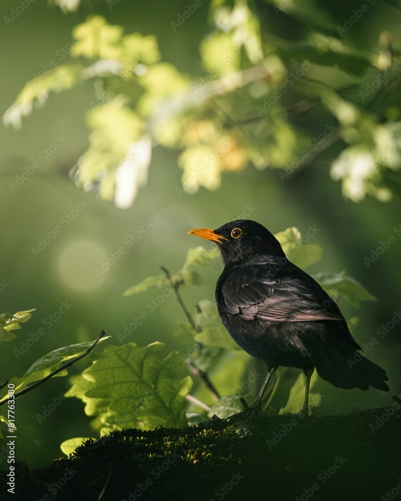 Fototapeta premium Blackbird perched atop a tree branch.