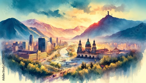 watercolor painting featuring significant landmarks of Santiago, Chile, including San Cristobal Hill with its Virgin Mary statue, the Metropolitan Cathedral, Palacio de La Moneda, and the Costanera Ce photo