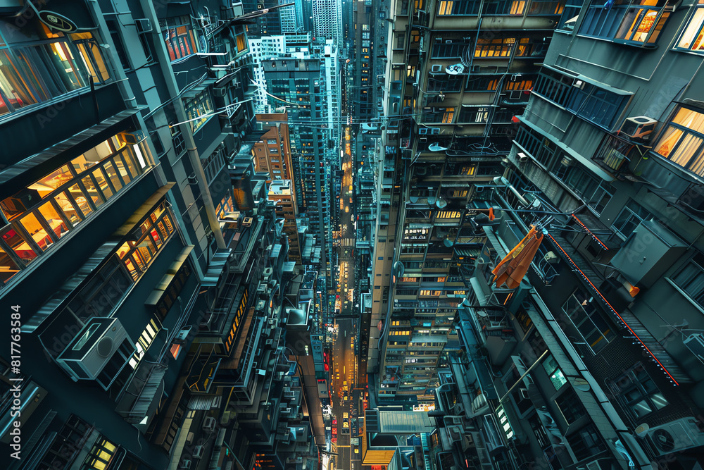 Discover a front-facing dystopian cityscape Discover a front-facing dystopian cityscape