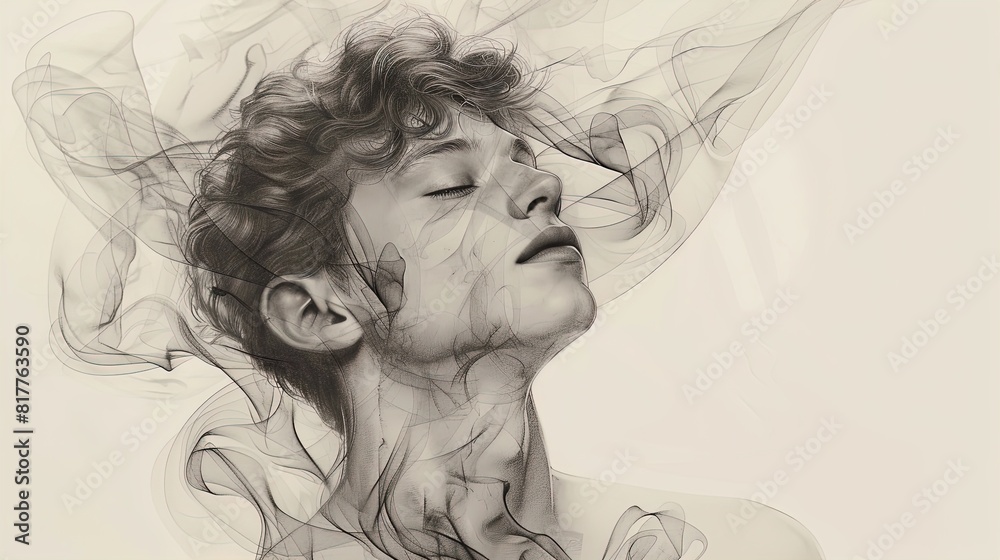 Fototapeta premium Abstract depiction of a person's face with swirling lines and smoke effects. Digital art portrait for creative design and print.