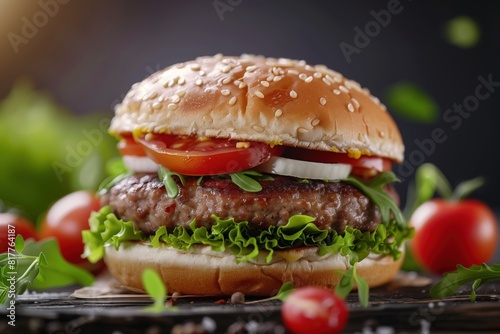 Close up photo of hamburger on a table, editable space with blurred background