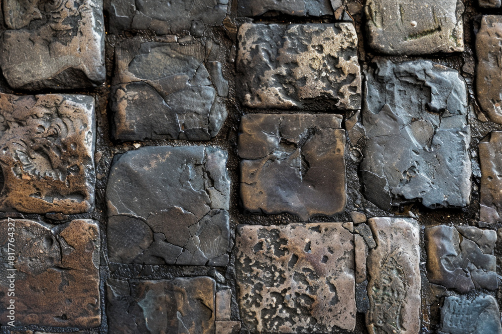 A top-down view of a cobblestone street, with the irregularly shaped stones creating a textured pattern. A top-down view of a cobblestone street, with the irregularly shaped stones creating a textured pattern.