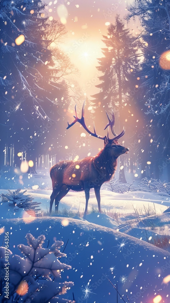 A deer is standing in the snow in a forest. The image has a peaceful and serene mood, with the deer being the main focus A deer is standing in the snow in a forest. The image has a peaceful and serene mood, with the deer being the main focus