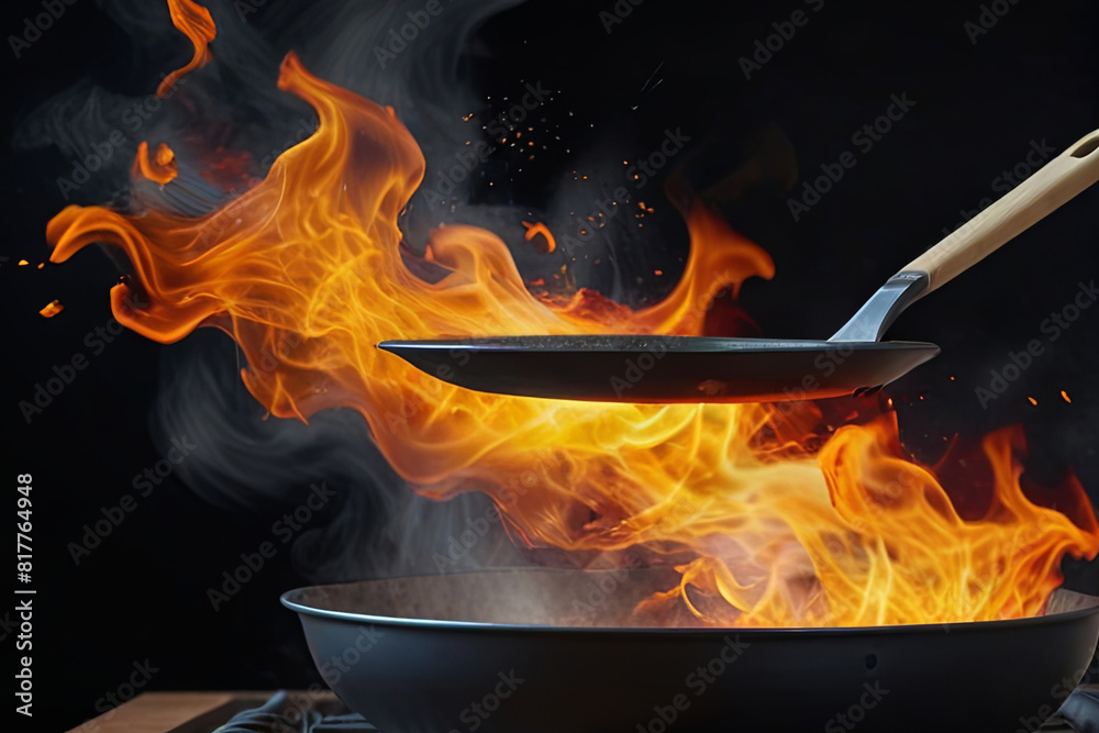 Freeze motion of a wok pan with flying ingredients and fire flames. Perfect for dynamic cooking, culinary arts 