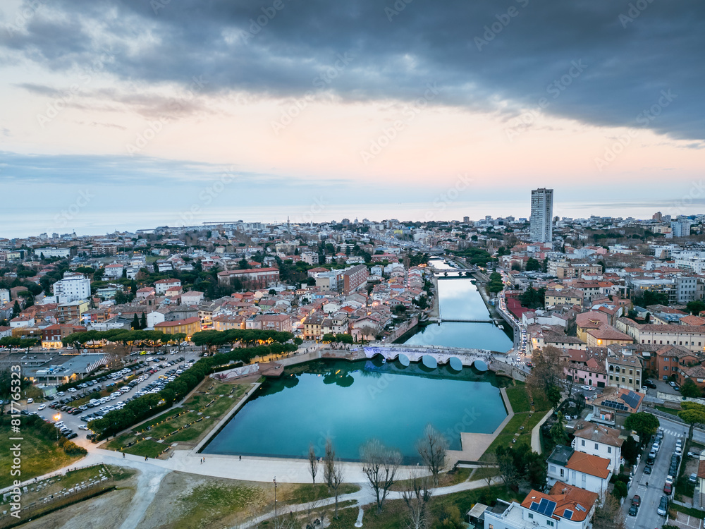 Obraz premium Aerial view of Rimini at night in the Christmas period