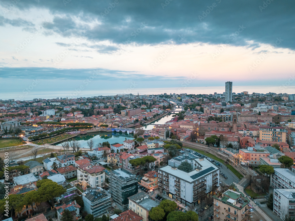 Obraz premium Aerial view of Rimini at night in the Christmas period