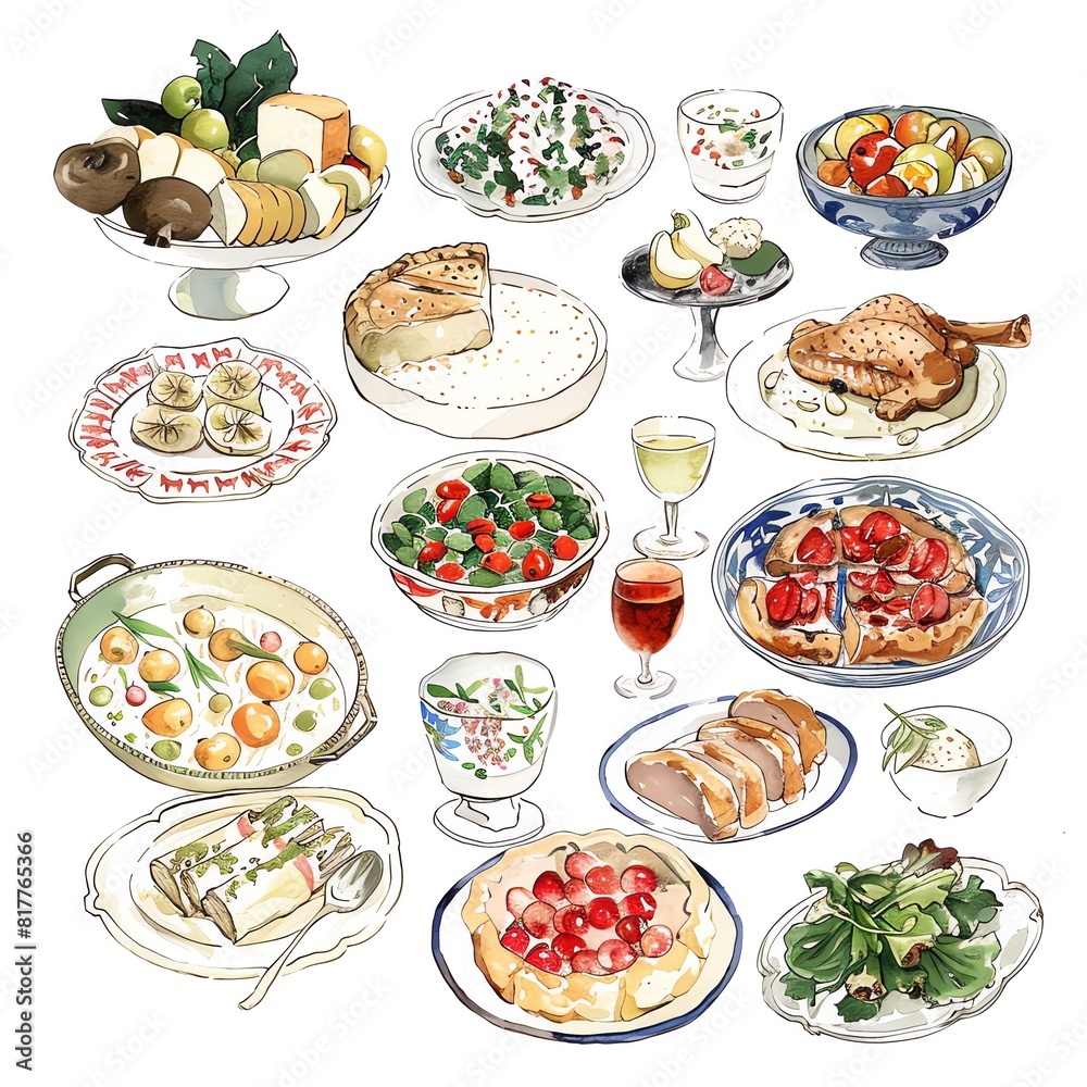 An illustration of a table full of delicious food An illustration of a table full of delicious food