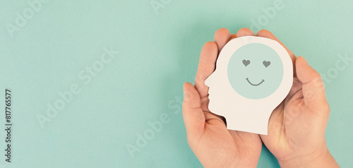 Photos Happy smiling face, love and emotion, mental health concept, positive thinking m