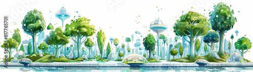 A set of watercolor of a futuristic cityscape where hovercars glide above water canals lined with bioluminescent trees, Clipart isolated on white photo