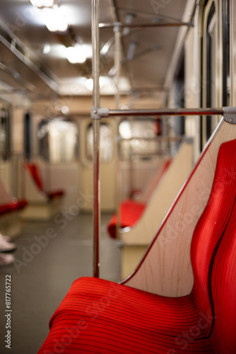 Subway car interior. Empty subway carriage, inside modern metro train. Window and seats of metro wagon. Concept of city underground transport.