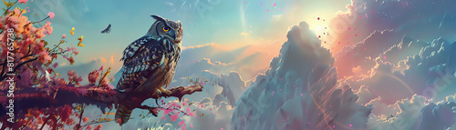 Illustrate a captivating scene of a cybernetic owl perched on a glitched tree branch, its mechanical feathers catching the digital sunlight amidst a backdrop of glitched mountains