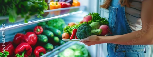 a woman puts vegetables in the refrigerator. selective focus photo