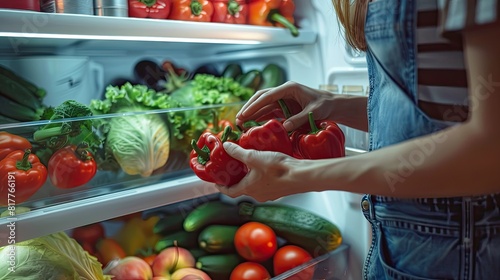 a woman puts vegetables in the refrigerator. selective focus © Anna