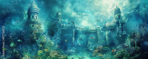 Immerse viewers in the ethereal beauty of underwater worlds crafted in vivid watercolors, showcasing surreal marine life intertwining with ancient architectural wonders #817766532