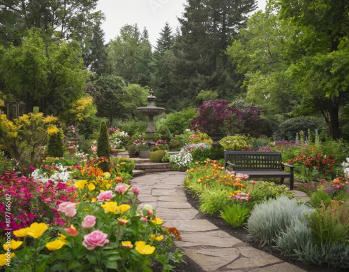 Tra fiori e colori, una panchina offre il posto ideale per ammirare il giardino.
