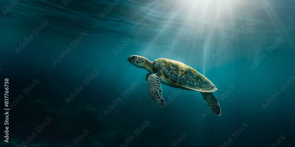 Obraz premium the green sea turtle swimming underwater, clear ocean water seabed, copy space for text