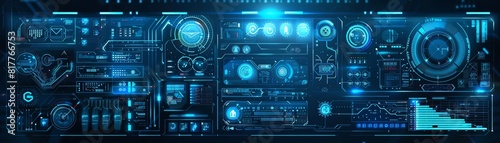 An illustrated digital interface with glowing blue circuit patterns and various abstract technological elements The background features a clean gradient from dark to light blue