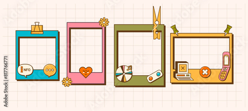 Cute comic retro nostalgic polaroid photo frames. Cartoon Retro Colorful Photo Mockups with Media Placeholders and Texts. Vintage Frame Cards. Vector Illustrations. 