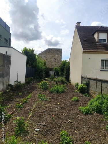 Terrain de campagne ou de ferme local, entre habitations, avec des poules ou coqs se promenant, enfermés derrière une grille métallique, avec porte et cadenas, dans un quartier parisien semi urbain photo