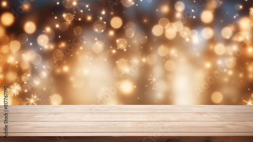 Festive empty wooden tabletop with blurry golden bokeh lights for product display and montage  Concept of Christmas  holiday warmth  and cozy atmosphere.