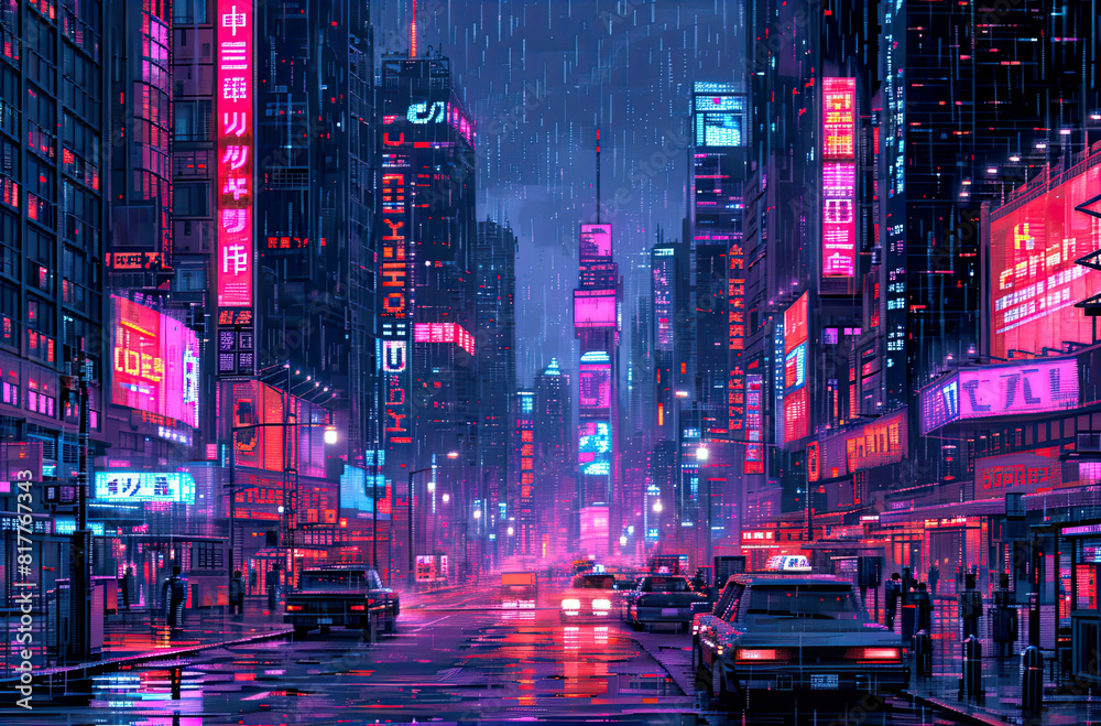 Pixel Art Illustration of a Cyberpunk Cityscape at Night with Skyscrapers, Neon Lights, Billboards, Cars. Retro Video Game Pixelart City. Sci-Fi art. Pixel Art Illustration of a Cyberpunk Cityscape at Night with Skyscrapers, Neon Lights, Billboards, Cars. Retro Video Game Pixelart City. Sci-Fi art.