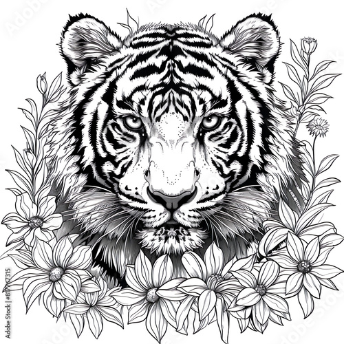 black and white illustration of a tiger's head, coloring book for children