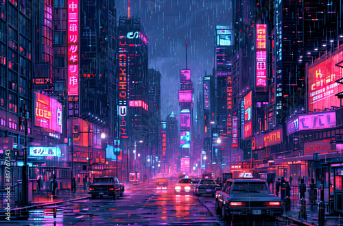 Pixel Art Illustration of a Cyberpunk Cityscape at Night with Skyscrapers  Neon Lights  Billboards  Cars. Retro Video Game Pixelart City. Sci-Fi art. 