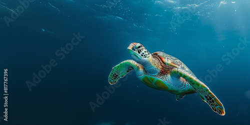 the green sea turtle swimming underwater  clear ocean water seabed  copy space for text