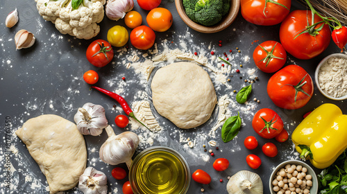 Raw dough and ingredients for preparing vegetable pie