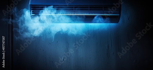 A blue air conditioner is blowing out steam. The steam is coming out of the vents