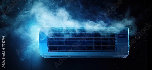 Steam billowing from the vents of a blue air conditioner