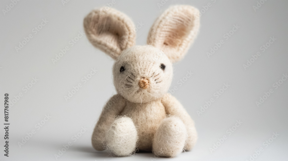 Fototapeta premium Plush bunny toy sitting on soft surface with a blurred blue background, ideal for children’s product advertisement. 