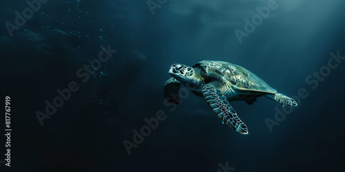 the green sea turtle swimming underwater, clear ocean water seabed, copy space for text