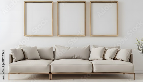 A beige sofa in a minimalistic interior with three blank picture frames on a white wall mockup photo