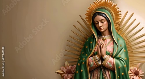 Experience the divine presence of Our Lady of Guadalupe light green decorations, the image evokes a sense of reverence and spirituality photo