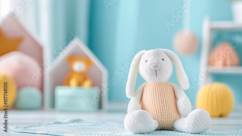Plush bunny in a nursery with soft pastel colors and blurred toys in the background.