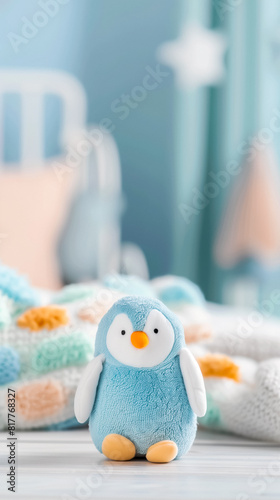 Plush penguin toy with colorful knitted blankets, soft focus background.