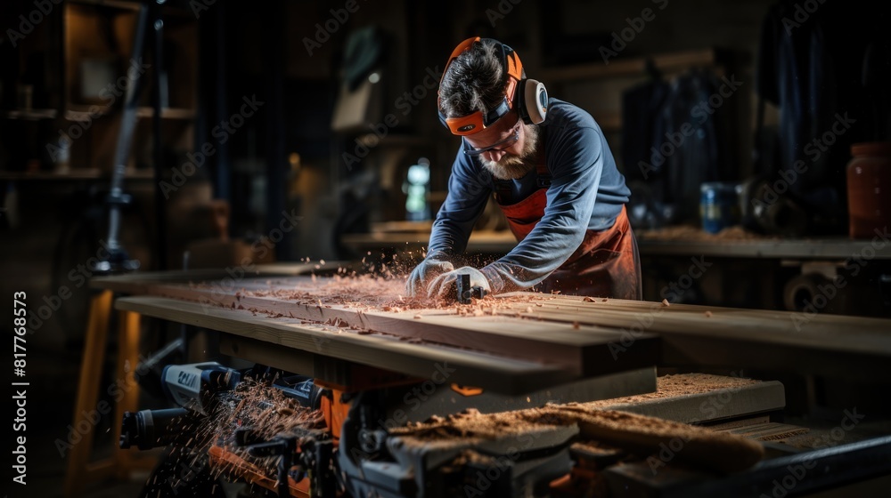Focused Carpenter Working with Precision on a Wooden Project in Workshop Focused Carpenter Working with Precision on a Wooden Project in Workshop