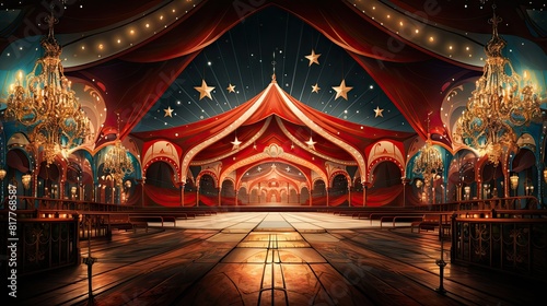Classic Circus Arena with Round Stage Under Marquee and Elegant Chandeliers