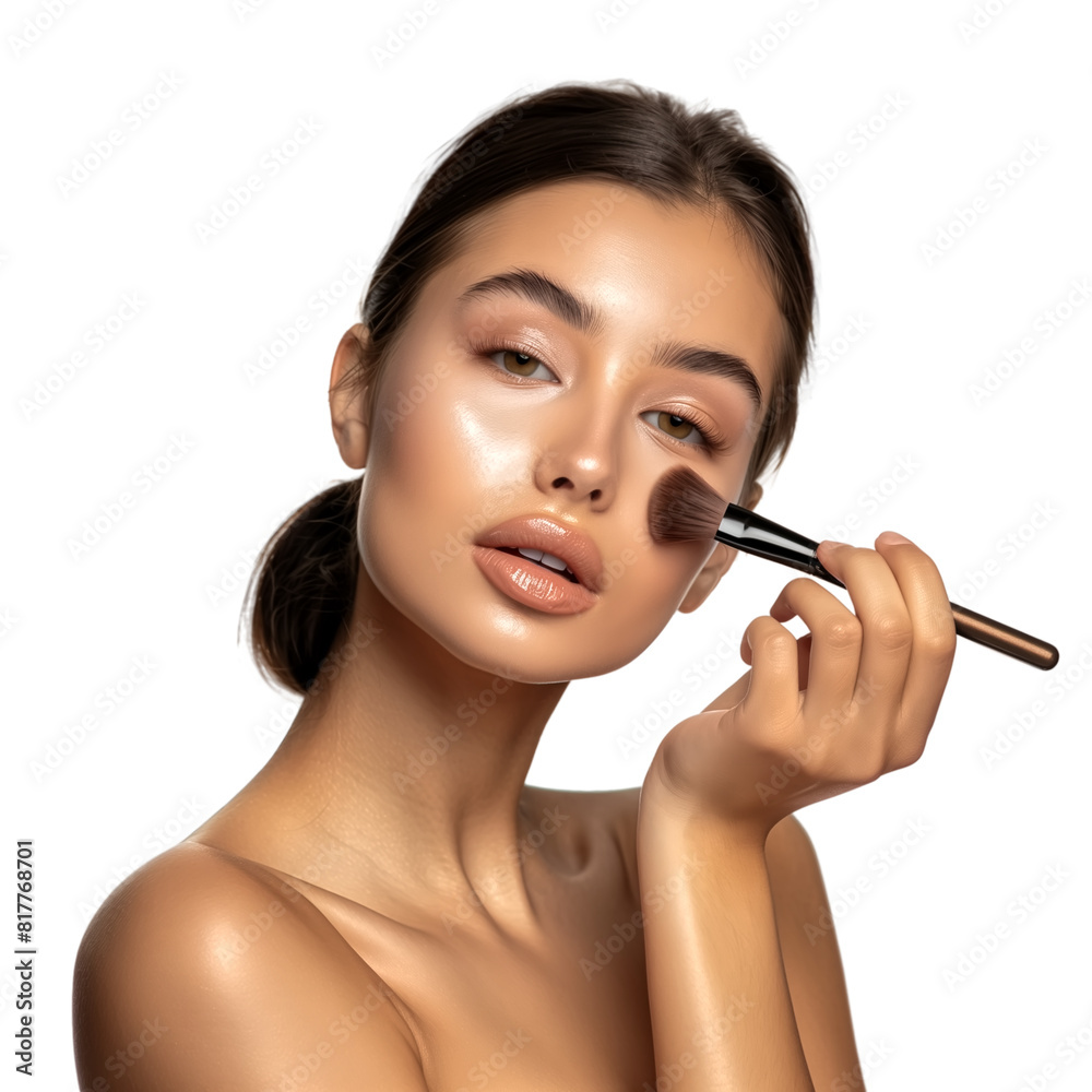 A beautiful woman with perfect skin put make up on her face, isolate on transparent background A beautiful woman with perfect skin put make up on her face, isolate on transparent background